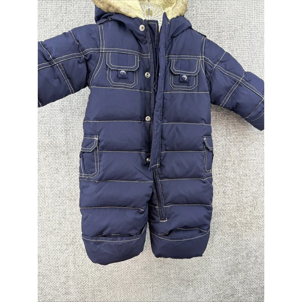 Baby Gap‎ 3-6 Months Down Filled Cargo Pocket Down Faux Fur Hooded Snowsuit Navy